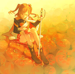  1girl :| absurdres aijou_karen alternate_hair_length alternate_hairstyle black_jacket blurry boots brown_boots brown_hair buttons chinese_commentary closed_mouth commentary_request cross crown depth_of_field epaulettes food fruit full_body fur-trimmed_jacket fur_trim glint hands_up high_heel_boots high_heels highres holding holding_food holding_fruit holding_sword holding_weapon jacket jacket_on_shoulders juice knees_up long_sleeves looking_at_food medium_hair mini_crown miniskirt orange_theme oversized_food oversized_object planted planted_sword possibility_of_puberty_(sword) red_eyes red_jacket red_skirt sash shoujo_kageki_revue_starlight shoulder_sash single_horizontal_stripe sitting sitting_on_object skirt sleeve_cuffs solo striped_clothes striped_skirt sword tassel tilted_headwear tomato tomato_juice twintails waist_cape weapon white_sash wu_huo_(nor020113) 