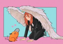  1boy :3 angel_devil_(chainsaw_man) angel_wings black_necktie black_pants blush chainsaw chainsaw_man closed_mouth collared_shirt florbetriz hair_between_eyes halo hands_on_floor hashtag-only_commentary heart highres invisible_floor jacket kneeling long_hair male_focus necktie pants pochita_(chainsaw_man) shirt suit suit_jacket tail tail_wagging traditional_halo white_shirt white_wings wings 
