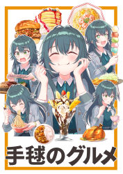  +_+ 1girl ^_^ antenna_hair blush bowl burger chopsticks closed_eyes coat commentary_request curry curry_rice eating food foodgasm fried_rice gakuen_idolmaster green_eyes green_hair green_shirt grey_coat hair_flaps hamburger_steak happy highres holding holding_ice_cream_cone holding_spoon ice_cream ice_cream_cone idolmaster long_hair maple_syrup multiple_scoops multiple_views noodles oden pancake pancake_stack parfait ponntatta ramen rice shirt smile spoon straight_hair tears translation_request tsukimura_temari upper_body very_long_hair 