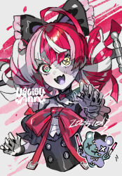  1girl colored_skin commentary_request grey_skin hair_between_eyes heterochromia highres hololive hololive_indonesia holoro kureiji_ollie long_hair looking_at_viewer multicolored_hair object_through_head open_mouth patchwork_skin red_eyes red_hair smile solo stitched_arm stitched_face stitched_torso stitches sword_in_head uguisu_ann virtual_youtuber yellow_eyes zombie 