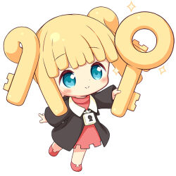  1girl aikei_ake black_jacket blonde_hair blue_eyes blush_stickers chibi closed_mouth commentary_request dress full_body holding jacket key long_sleeves original personification pink_dress pink_shoes shoes simple_background sleeves_past_wrists smile solo sparkle standing standing_on_one_leg white_background wide_sleeves 
