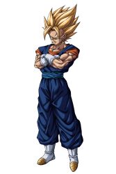 1boy absurdres blonde_hair blue_pants blue_sash blue_shirt boots commentary_request crossed_arms dougi dragon_ball dragon_ball_z earrings full_body gloves green_eyes highres jewelry male_focus medium_hair muma_maximum76 muscular muscular_male orange_shirt pants potara_earrings sash shirt solo spiky_hair super_saiyan super_saiyan_1 vegetto white_boots white_gloves 