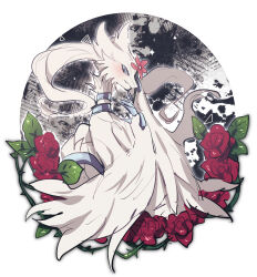  absurdres blue_eyes blush commentary_request creature creature_focus flower flower_on_head highres koyashaka pokemon pokemon_(creature) pokemon_focus reshiram rose thorns white_background white_fur 