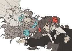  0419sbn 2girls absurdres bib_collar black_bow black_bowtie black_dress blue_hairband blue_ribbon bow bowtie broken_heart broken_heart_hair_ornament brown_hair closed_eyes closed_mouth dress evil_neuro-sama hair_ribbon hairband hashtag-only_commentary heart high_collar highres juliet_sleeves lace-trimmed_dress lace-trimmed_hairband lace_trim long_hair long_sleeves looking_at_another lying multiple_girls neck_ribbon neuro-sama official_alternate_costume on_back puffy_long_sleeves puffy_sleeves puritan_collar reaching reaching_towards_another red_eyes red_ribbon ribbon siblings simple_background sisters smile twins two_side_up vedal_ai very_long_hair white_background white_dress 