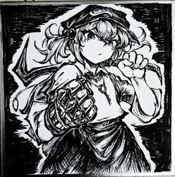  1girl absurdres chinese_commentary closed_mouth collared_shirt commentary_request cowboy_shot crowbar flat_cap gauntlets hair_bobbles hair_ornament hat highres holding holding_crowbar jewelry kawashiro_nitori key key_necklace looking_at_viewer necklace shirt single_gauntlet skirt sleeves_rolled_up solo touhou two_side_up xiao'an_de_kaoroufan 