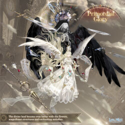  1girl absurdly_long_hair angel angel_wings artist_request blonde_hair broken broken_sword broken_weapon brown_background capelet character_name church circlet closed_mouth clouds collared_capelet copyright_logo cross cross_print dress earrings english_text expressionless feathered_wings floating floating_hair floating_object floating_sword floating_weapon full_body gown grey_eyes hat high_collar holding holding_scepter indoors jewelry lace-trimmed_dress lace_trim lipstick logo long_dress long_hair looking_ahead makeup miracle_nikki mitre nikki_(series) official_art pleated_dress primordial_glory_(miracle_nikki) red_lips scepter shards solo spread_wings stained_bra statue stole sword third-party_source very_long_hair wavy_hair weapon white_capelet white_dress white_hat white_wings wind wings 