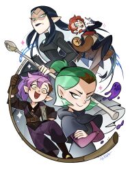  :d age_comparison akada amity_blight artist_name axe black_dress black_hair black_lips black_nails blue_hair book brown_gloves brown_hair capelet commentary crossed_arms dress earrings elf english_commentary ghost glasses gloves goth_fashion green_eyes green_hair happy highres holding holding_axe holding_book holding_staff holding_whip hootie_the_owl_(hooters) jewelry lilith_clawthorne long_hair long_sleeves looking_at_viewer makeup multicolored_hair multiple_boys multiple_girls official_alternate_hair_color official_alternate_hairstyle open_mouth orange_hair pants pink_hair pointy_ears ponytail purple_hair red_hair rope round_eyewear scar scar_across_eye scar_on_face short_hair short_ponytail siblings simple_background sisters smile smug staff the_owl_house two-tone_hair violet_eyes weapon whip white_background yellow_eyes 