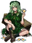  1girl absurdres blush boots box breasts camouflage card cup full_body green_eyes green_hair hair_between_eyes hand_up highres holding holding_card knee_up kuya_(hey36253625) large_breasts long_hair playing_card sitting smile solo touhou yamashiro_takane 