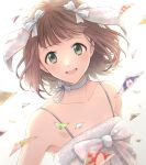  1girl amami_haruka bare_shoulders blush breasts brown_hair collarbone confetti dress fur-trimmed_dress fur_trim green_eyes hair_ribbon highres idolmaster idolmaster_(classic) idolmaster_million_live! idolmaster_million_live!_theater_days looking_at_viewer medium_breasts neck_ribbon nogoodlife open_mouth ribbon short_hair simple_background smile solo white_background white_ribbon 