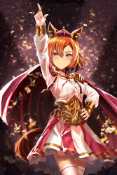  1girl absurdres animal_ears armor blush breasts cape closed_mouth commentary_request crown ear_ornament fingerless_gloves gloves gold_corset hair_between_eyes highres horse_ears horse_girl horse_tail jewelry long_sleeves looking_at_viewer mini_crown multiple_rings orange_hair orange_tail pink_cape pink_crown pointing pointing_up ring shirt short_hair shoulder_armor skirt smile solo t.m._opera_o_(o_sole_suo!)_(umamusume) t.m._opera_o_(umamusume) tail thigh-highs two-tone_skirt umamusume violet_eyes white_gloves white_shirt white_thighhighs ya-ya zettai_ryouiki 