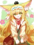  absurdres animal_ear_fluff animal_ears arknights bag basket black_cat blonde_hair blue_hairband blue_skirt brown_bag cardigan cat commentary crossover deyuaru fox_ears fox_girl fox_tail frilled_hairband frills green_eyes hair_ornament hair_scrunchie hairband handbag heixiu high-waist_skirt highres holding holding_basket kitsune kyuubi long_hair long_sleeves looking_at_viewer multicolored_hair multiple_tails neck_ribbon official_alternate_costume open_cardigan open_clothes open_mouth puffy_long_sleeves puffy_sleeves red_ribbon ribbon scrunchie shirt shoulder_bag skirt sleeve_cuffs stitches suzuran_(arknights) suzuran_(spring_praise)_(arknights) tail the_legend_of_luo_xiaohei two-tone_hair white_hair white_shirt yellow_cardigan 