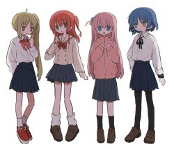  4girls ahoge arm_at_side black_pantyhose black_ribbon black_socks blonde_hair blue_eyes blue_hair blue_skirt blunt_bangs bocchi_the_rock! bow bowtie brown_cardigan brown_sailor_collar brown_shoes buttons cardigan closed_mouth collared_shirt cube_hair_ornament double-breasted full_body gotoh_hitori green_eyes hair_ornament hairclip hand_up highres ijichi_nijika jacket kessoku_band kita_ikuyo loafers long_hair long_sleeves multiple_girls neck_ribbon one_side_up open_mouth pantyhose parallel_hairclips pink_hair pink_jacket pleated_skirt polka_dot polka_dot_bow polka_dot_bowtie red_bow red_bowtie red_hair red_shoes ri_(qrcode) ribbon sailor_collar school_uniform shimokitazawa_high_school_uniform shirt shoes short_hair shuka_high_school_uniform side_ponytail sidelocks simple_background skirt sneakers socks standing sweatdrop track_jacket white_background white_shirt white_socks yamada_ryo yellow_eyes 