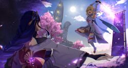  2girls absurdres angry armpits arms_up back_bow blonde_hair blue_sky boots bow braid bridal_gauntlets clouds cloudy_sky commentary dress electro_symbol_(genshin_impact) fighting floating from_behind from_below genshin_impact glowing glowing_hair glowing_sword glowing_weapon gradient_hair hair_between_eyes hair_ornament highres japanese_clothes leaning_forward light_particles long_braid long_hair looking_down lumine_(genshin_impact) multicolored_hair multiple_girls off_shoulder omame_(kana2) open_mouth outdoors purple_hair raiden_shogun red_sash sash scarf short_hair single_braid sky spoilers statue statue_of_the_seven streaked_hair sun thigh_boots vs weapon white_dress white_scarf wide_sleeves 