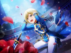  1girl aqua_eyes belt blonde_hair blue_belt blue_hat blue_jacket blue_necktie crying crying_with_eyes_open dagger dress falling_petals furrowed_brow game_cg hands_on_own_head hat jacket knife long_sleeves necktie official_art open_mouth pants peaked_cap petals red_dress shadow short_hair short_necktie shoujo_kageki_revue_starlight shoujo_kageki_revue_starlight_-re_live- solo spotlight squatting tears weapon white_pants yumeoji_fumi 