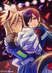  1boy 1girl alternate_costume black_hair blonde_hair blue_eyes blurry blurry_background blurry_foreground closed_mouth cloud_strife commentary confetti dancing dress english_commentary final_fantasy final_fantasy_vii final_fantasy_vii_remake gloves hair_between_eyes hand_on_another's_shoulder highres holding_hands interlocked_fingers jacket long_hair looking_at_viewer one_eye_closed parted_lips red_eyes seilidare sparkle spiky_hair stage_lights tifa_lockhart twitter_username upper_body very_long_hair white_gloves 