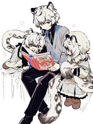  1boy 2girls aged_down animal_ear_fluff arknights black_pants black_shirt black_shoes book brother_and_sister child cliffheart_(arknights) closed_mouth collared_shirt colored_tips dress family family_bonding full_body grey_dress grey_eyes grey_hat hair_between_eyes hat highres holding holding_book holding_own_tail long_hair long_sleeves looking_down multicolored_hair multiple_girls on_bed open_book open_mouth pants pramanix_(arknights) reading shirt shoes short_hair siblings silverash_(arknights) silverash_family_(arknights) simple_background sisters sitting smile snow_leopard_boy snow_leopard_ears snow_leopard_girl snow_leopard_tail tail ubi_(ruoxier123) white_background white_hair 
