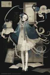  3girls absurdres baichuan_baichuan bead_necklace beads bell black_hat blue_coat blue_ribbon blue_sash camera clouds coat dress flower full_body hair_flower hair_ornament hat highres holding holding_camera jewelry kneehighs long_hair long_sleeves multiple_girls necklace original pendant picture_frame ribbon ringlets sash shoes socks solo_focus standing tassel very_long_hair white_hair wide_sleeves 