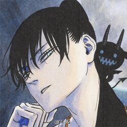  2boys black_clover black_hair chibi commentary_request demon_tail gimodelo horns initial looking_at_viewer multiple_boys nacht_faust official_art portrait tabata_yuuki tail 