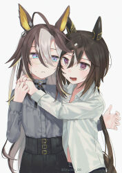  2girls absurdres ahoge animal_ears arms_around_neck black_pants black_ribbon black_skirt blonde_hair blue_eyes blush brown_hair closed_mouth collared_shirt colored_inner_animal_ears commentary_request dream_journey_(casual)_(umamusume) dream_journey_(umamusume) ear_ornament glasses grey_hair grey_shirt hair_between_eyes heads_together high-waist_pants highres horse_ears horse_girl horse_tail hug long_sleeves midriff_peek multicolored_hair multiple_girls neck_ribbon open_mouth pants parted_lips ponytail ribbon round_eyewear shirt shunka_shuto simple_background skirt smile stay_gold_(umamusume) tail twitter_username umamusume upper_body violet_eyes white_background white_shirt 