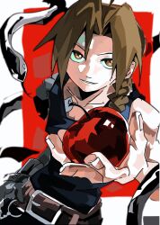  1boy animal apple arm_up bailanlam bare_shoulders belt belt_buckle black_shirt blonde_hair braid brown_belt buckle cowboy_shot dutch_angle edward_elric food forked_tongue fruit fullmetal_alchemist highres holding holding_food holding_fruit looking_at_viewer male_focus parted_lips sanpaku shirt side_braid smile solo tank_top tongue yellow_eyes 