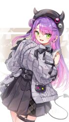  1girl absurdres beret black_hat black_skirt colored_inner_hair commentary_request demon_girl demon_tail fang grey_sweater hair_bun hair_ornament hairpin hat highres hololive long_hair looking_at_viewer multicolored_hair official_alternate_costume open_mouth pink_hair pink_streaks pointy_ears purple_hair shirt skin_fang skirt smile solo streaked_hair sweater tail thigh_strap tokoyami_towa tokoyami_towa_(jirai_kei) u_da_desu very_long_hair virtual_youtuber white_shirt x_hair_ornament 