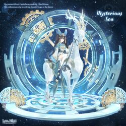  1girl :o artist_request black_hair blue_boots blue_bow blue_eyes blue_hanfu blunt_bangs boots bow character_name chinese_clothes copyright_logo deer dot_nose english_text expressionless full_body gears hair_bow hair_ornament hanfu large_bow lattice layered_sleeves logo long_hair long_sleeves miracle_nikki mysterious_sea_(miracle_nikki) nikki_(series) non-humanoid_robot official_art parted_lips petting riding robot robot_animal short_over_long_sleeves short_sleeves silkpunk solo space star_(sky) tareme tassel tassel_hair_ornament thigh-highs third-party_source twintails very_long_hair white_sleeves white_thighhighs wide_sleeves 