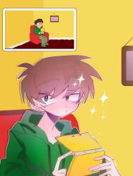  1boy animification antenna_hair bright_pupils brown_hair commentary couch derivative_work drawstring edd_(eddsworld) eddsworld green_eyes green_hoodie hair_behind_ear handheld_game_console highres holding holding_handheld_game_console hood hood_down hoodie in-universe_location indoors long_sleeves looking_at_viewer male_focus nintendo_3ds nintendo_3ds_ll picture_frame reference_inset scene_reference screenshot_inset screenshot_redraw short_hair sn_se_u_uwu solo sparkle swept_bangs symbol-only_commentary upper_body white_pupils 
