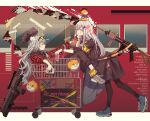  2girls absurdres alternate_costume assault_rifle black_dress black_pants commentary_request cup dress eyewear_on_head g11_(girls&#039;_frontline) girls_frontline green_eyes grey_hair gun h&amp;k_g11 h&amp;k_hk416 handheld_game_console highres hk416_(girls&#039;_frontline) holding holding_cup holding_handheld_game_console jacket long_hair multiple_girls pants plaid plaid_jacket rabb_horn red_jacket rifle shoes shopping_cart sneakers teardrop_facial_mark tongue tongue_out watch watch weapon yellow_armband 