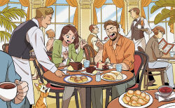  :d arm_hair austria blonde_hair blue_sky bowl brown_hair cake cake_slice cat chair chocolate_cake coffee commentary_request cup day eating food food_request fork gurihiru holding holding_cup holding_fork holding_menu long_hair menu mousse_(food) multiple_boys multiple_girls on_chair open_mouth original plate restaurant salt_shaker short_hair sitting sky smile spoon tabby_cat table waiter window 