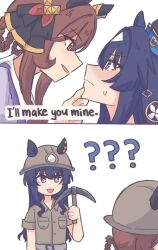  2girls ? ?? animal_ears blue_eyes blue_hair blush braid braided_hair_rings breasts brown_hair closed_mouth commentary ear_covers ear_ornament ears_through_headwear english_commentary gentildonna_(umamusume) grey_shirt hair_between_eyes hair_rings hand_on_another's_chin headlamp helmet highres holding holding_pickaxe horse_ears horse_girl kuro_(not_sinus) long_hair mining_helmet misunderstanding mole mole_under_eye multicolored_hair multiple_girls open_mouth pickaxe purple_shirt red_eyes shirt short_sleeves simple_background smile sweatdrop umamusume verxina_(umamusume) white_background 