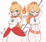  2girls alternate_costume alternate_hairstyle arm_behind_back arm_behind_head axe biker_clothes bikesuit blonde_hair blue_eyes bodysuit breasts closed_eyes cremanata crown dress earrings fire fire_flower_(transformation) halberd hand_up highres holding holding_axe jewelry looking_at_viewer looking_to_the_side medium_breasts multiple_girls official_alternate_costume official_alternate_hairstyle open_mouth pearl_earrings polearm ponytail princess_peach simple_background smile sparkle super_mario_bros. super_mario_bros._1 the_super_mario_bros._movie thighs weapon white_background white_dress wide_hips 