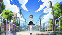  1girl arms_at_sides artist_name black_shoes black_skirt blue_sky brown_hair building chain-link_fence city closed_eyes closed_mouth clouds collared_shirt commentary_request commission day earphones fence highres house inika listening_to_music loafers miniskirt original outdoors palm_tree path pleated_skirt power_lines puddle reflection reflective_liquid scenery school_uniform shirt shoes short_hair short_sleeves skirt sky skyline skyscraper smile socks solo standing straight-on summer summer_uniform transformer tree utility_pole water white_shirt white_socks 
