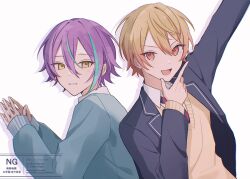  2boys :d blonde_hair ha_ma_na_suya hand_up highres kamishiro_rui long_sleeves looking_at_viewer male_focus multiple_boys necktie orange_eyes project_sekai purple_hair school_uniform smile teeth tenma_tsukasa white_background yellow_eyes 