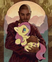  1boy 1girl better_call_saul breaking_bad bug butterfly butterfly_tattoo buzz_cut carrying child_carry column commentary crossover cutie_mark dark-skinned_male dark_skin english_commentary eyebrow_cut facial_hair fine_art_parody fluttershy hooves jin_hattori looking_at_another looking_down lost_lamb my_little_pony my_little_pony:_friendship_is_magic nacho_varga painterly parody pillar pink_hair pink_tail pony_(animal) realistic red_robe robe short_hair sky smile stubble tattoo thick_eyebrows tsurime very_short_hair yellow_fur yellow_sky 