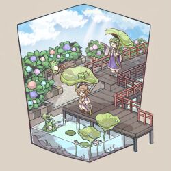  2girls :d bench blonde_hair blue_shoes blue_skirt blue_sky bridge brown_hat brown_shoes chigu clouds commentary_request detached_sleeves faux_figurine flower frog green_hair hat highres holding holding_leaf kochiya_sanae leaf leaf_umbrella lily_pad long_hair long_sleeves lotus moriya_suwako multiple_girls open_mouth shirt shoes skirt sky smile snail socks squatting standing touhou water water_drop white_shirt white_socks wide_shot wide_sleeves 
