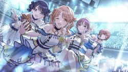  4girls aqua_eyes artist_request asakura_toru black_hair brown_eyes brown_hair concert dutch_angle fangs fukumaru_koito glowstick highres higuchi_madoka ichikawa_hinana idol idolmaster idolmaster_shiny_colors long_hair multiple_girls nail_polish noctchill_(idolmaster) official_art one_eye_closed open_mouth selfie short_hair skin_fangs skirt stage stage_lights twintails v violet_eyes 