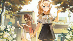  absurdres aqua_eyes ascot asymmetrical_dress autumn_leaves azki_(4th_costume)_(hololive) azki_(hololive) black_hair black_hairband blonde_hair blush braid chinese_commentary collared_dress colored_inner_hair commentary_request day dress falling_leaves flower hair_between_eyes hair_intakes hair_ornament hairband half-jacket highres holding hololive jacket kazama_iroha kazama_iroha_(school_uniform) leaf long_hair long_sleeves looking_at_leaf multicolored_hair neckerchief oeuia official_alternate_costume official_alternate_hairstyle open_mouth pink_hair pleated_skirt sailor_collar school_uniform serafuku shirt skirt standing streaked_hair tree violet_eyes virtual_youtuber white_ascot white_dress white_flower white_shirt white_streaks 