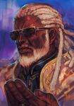  1boy beard blue_background chain dark_skin dreadlocks expressionless facial_hair hankuri jewelry leroy_smith long_hair looking_at_viewer male_focus old old_man portrait realistic ring scar scar_on_face solo sunglasses tekken tekken_8 white_hair 