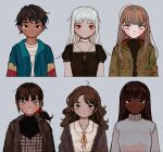  6+girls :3 ahoge bags_under_eyes black_dress black_shirt blue_eyes blue_jacket brown_eyes brown_hair brown_jacket closed_mouth cross cross_necklace dark-skinned_female dark_skin dress earrings freckles frown green_jacket grey_background io_(onisarashi) jacket jewelry long_hair long_sleeves looking_at_viewer medium_hair mole mole_under_eye multiple_girls necklace open_mouth original piercing ponytail red_eyes shirt short_hair simple_background smile straight-on sweater turtleneck upper_body wavy_hair white_hair 