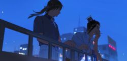  2boys absurdres against_railing black_hair blue_shirt blurry blurry_background cao_cao_(shin_sangoku_musou) cigarette city_lights collared_shirt contemporary hair_between_eyes hair_ribbon highres holding holding_cigarette lanyard long_hair looking_at_another male_focus multiple_boys on_rooftop p3ach0520 pants ponytail railing red_ribbon ribbon shin_sangoku_musou shin_sangoku_musou_origins shirt short_hair short_sleeves sidelocks smoking undershirt upper_body white_pants white_shirt xun_yu_(shin_sangoku_musou) 