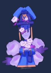  1girl blue_background blue_eyeshadow commentary_request cozette_(mario) cracked_skin eyeshadow flower flower_over_eye highres light_smile long_sleeves makeup mario_&amp;_luigi:_brothership mario_&amp;_luigi_rpg monyorun purple_flower solo super_mario_bros. twitter_username 