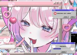  1girl aqua_hair babumi_roriko blonde_hair blush cherry chouzetsusaikawa_tenshi-chan envelope error_message fang food fruit hashtag-only_commentary heart highres looking_at_viewer multicolored_hair multicolored_nails nail_polish needy_girl_overdose open_mouth pink_hair twintails window_(computing) 