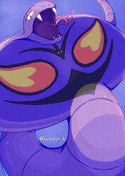  animal_focus arbok fangs forked_tongue highres kotokiyou no_humans nostrils open_mouth pokemon pokemon_(creature) pokemon_focus purple_background simple_background solo tongue tongue_out twitter_username 