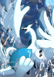  animal_focus bird clouds commentary english_commentary fangs highres lugia no_humans open_mouth pokemon pokemon_(creature) pokemon_focus sawa_d skin_fangs sky solo water wings 