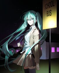  1girl absurdres aqua_eyes aqua_hair black_sky black_thighhighs blazer blue_necktie brown_jacket brown_skirt chaseong collared_shirt cowboy_shot english_text floating_hair hair_between_eyes hatsune_miku highres holding_strap house jacket long_hair looking_at_viewer miniskirt necktie night open_clothes open_jacket outdoors pleated_skirt shirt sign skirt sky solo thigh-highs twintails vocaloid white_shirt 
