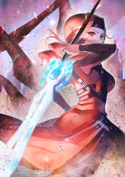  1girl commentary_request heaven_burns_red highres holding holding_sword holding_weapon maria_de_angelis nun nun_headdress red_hair signature sword wanko_(realsight) weapon yellow_eyes 