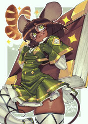  1girl animal_ears artist_name black_hair blush book bread brown_hair bumblesteak dark-skinned_female dark_skin food glasses gloves gofa green_eyes green_gloves highres loaf long_sleeves mouse_ears mouse_girl mouse_tail non-web_source olive_(bumblesteak) original shirt short_hair simple_background solo tail thigh-highs tongue tongue_out 