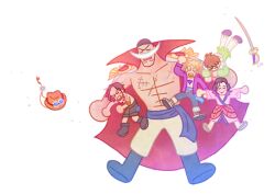  5boys black_hair black_shorts blonde_hair blue_sash boots brown_hair chibi closed_eyes coat commentary edward_newgate facial_hair from_above haruta_(one_piece) hat izou_(one_piece) japanese_clothes kimono male_focus marco_(one_piece) multiple_boys mustache one_piece orange_hat pikaole portgas_d._ace purple_shirt sash scar scar_on_chest shirt shorts simple_background sleeping sword topless_male weapon white_background 