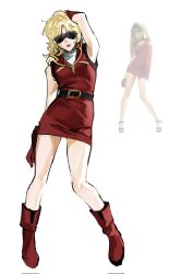  1girl armpits belt blonde_hair blue_eyes boots buckle char_aznable commentary_request dress genderswap gloves gundam highres legs long_hair neo_zeon parted_lips photo-referenced quattro_bajeena red_boots red_dress red_gloves reference_inset sleeveless sleeveless_dress sleeveless_turtleneck solo standing sunglasses turtleneck vinyl50212933 white_background zeta_gundam 