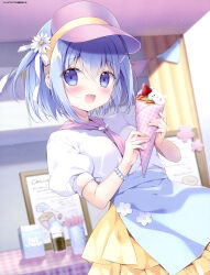 1girl :d absurdres apron artist_name bead_bracelet beads blue_eyes blue_hair blush bob_cut bracelet breasts cowboy_shot crepe dengeki_moeoh dutch_angle flower food hair_between_eyes hair_flower hair_ornament hairpin hat highres holding holding_crepe holding_food indoors jewelry looking_at_viewer magazine_scan miyasaka_miyu one_side_up open_mouth original pink_nails puffy_short_sleeves puffy_sleeves scan shirt short_hair short_sleeves sidelocks skirt small_breasts smile solo third-party_source waist_apron waitress white_apron white_flower white_shirt yellow_skirt 